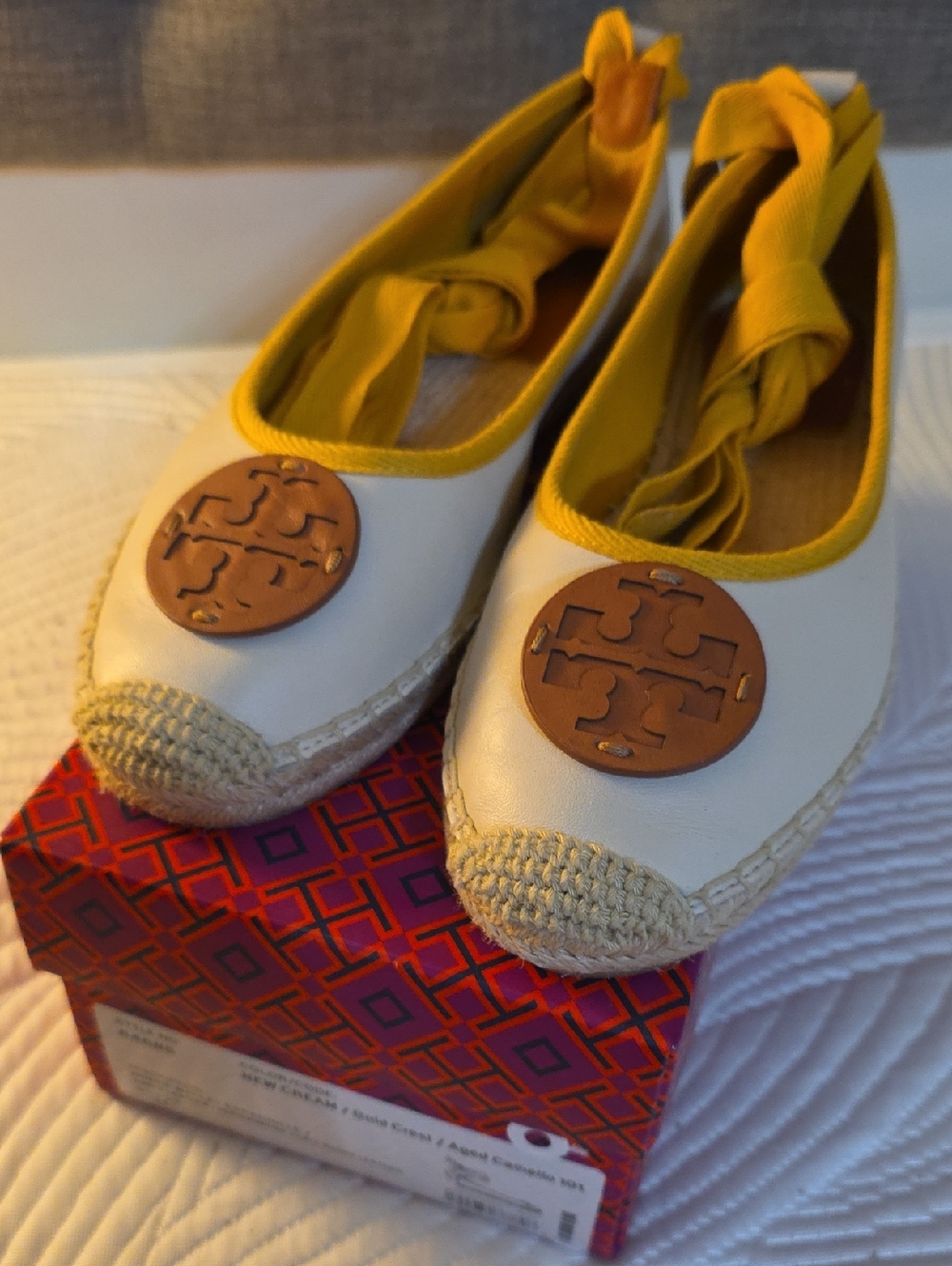 Tory Burch White Leather Espadrille Flats with Yellow Trim and Tan Logo